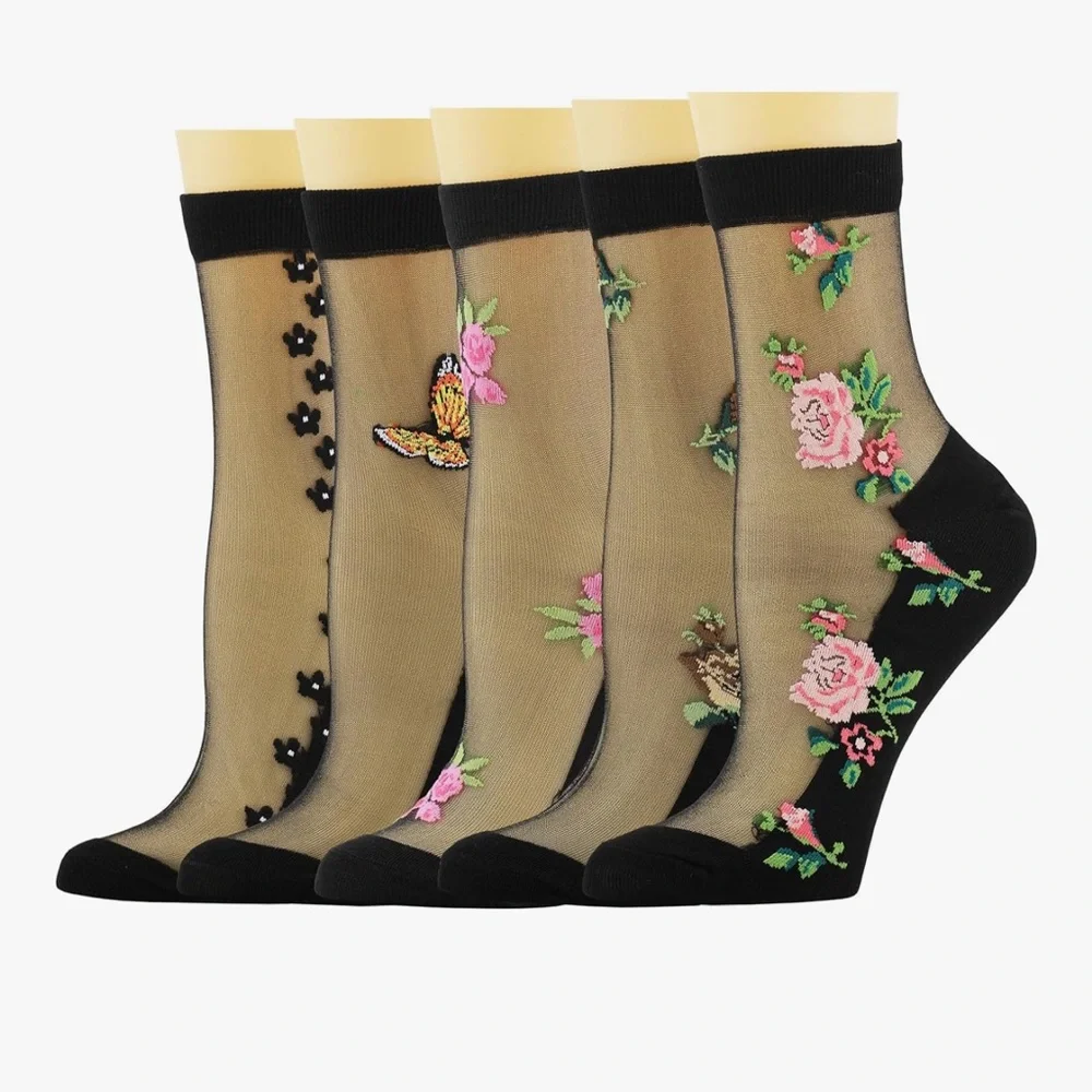 🆕 Floral Embroidered Sheer Ankle Socks - Black
